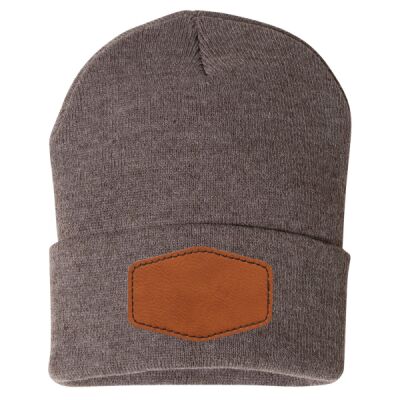 12" Solid Cuffed Beanie W/ Leather Patch Thumbnail
